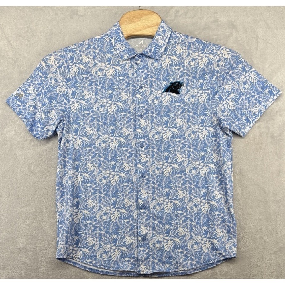 Antigua Carolina Panthers Resort Button Down Short Sleeve Shirt Men's M NWT